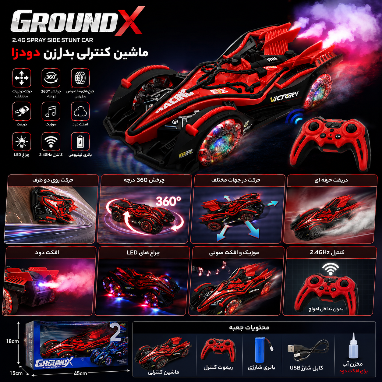 ماشین کنترلی دودزا GroundX حرکات ۳۶۰ درجه و حرکت ۸ جهت